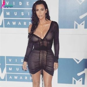 💋DEEP V PLEATED BODYCON MESH DRESS!!!